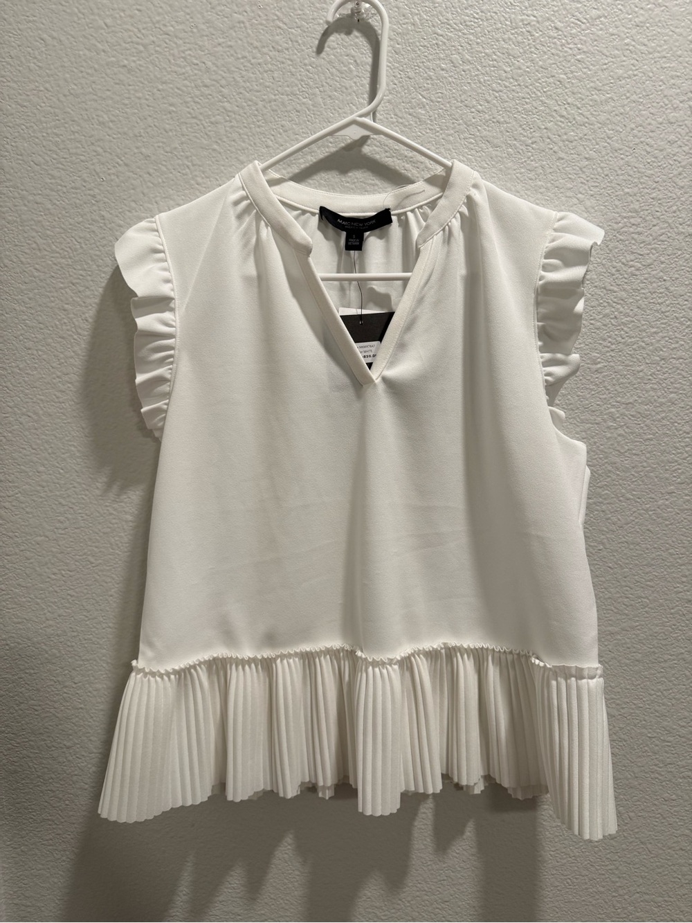 Marc New York Andrew Marc Sleeveless White Ruffle & Pleated Hem Blouse